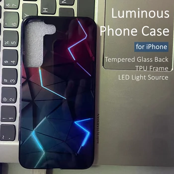 Роскошный Геометрический Красочный светодиодный Чехол Для Телефона из Светящегося Закаленного Стекла для iPhone 15 12 13 14 X Xs Xr Mini Pro Max Plus