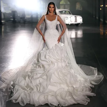 Свадебное платье Русалки с вышивкой Бисером и кружевами на Роскошных бретельках из многоуровневой Органзы Свадебные платья 2023 Vestidos De Noiva