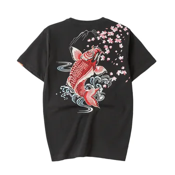 Летние Мужские футболки с вышивкой черного Карпа в китайском стиле, модная уличная одежда в стиле хип-хоп, футболки с коротким рукавом