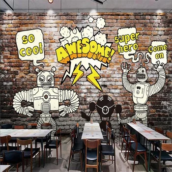 Ретро Кирпичная стена, Робот, обои для детей, Фоновая стена ресторана, Настенная роспись на заказ, Кафе, Промышленный Декор, Обои для домашнего декора