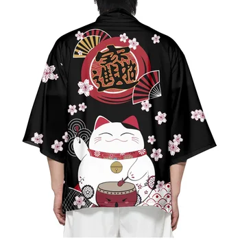 Рубашки для Косплея Harajuku Sakura с принтом в виде веера, Оверсайз, Хаори, Модные Пляжные Юката, Японский Кардиган Lucky Cat, Кимоно Для женщин И мужчин