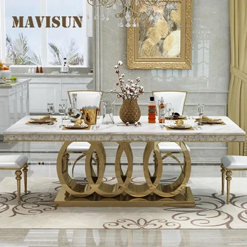 Обеденный стол и стулья из постмодернистского мрамора Высшего качества, Комбинированная мебель из нержавеющей стали с золотой резьбой
