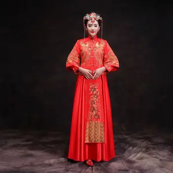 Восточноазиатская красавица невесты, китайское традиционное свадебное платье, Женское Красное платье с цветочной вышивкой и длинным рукавом, халат Чонсам в стиле Ципао