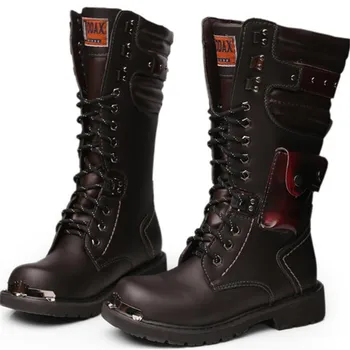 размер 37 46 Мужские Кожаные мотоциклетные ботинки до середины икры, Армейские ботинки в стиле милитари, Готический пояс, панк-ботинки, Мужская обувь, Тактические армейские ботинки