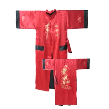 Халат Обратимый Бордовый Черный Китайский Мужской Шелковый Атласный Халат, Ночная рубашка с двумя сторонами, Кимоно с вышивкой Дракона, Банный халат, Кимоно