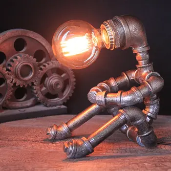 Винтажная настольная лампа Ретро Промышленные Железные Водопроводные трубы, Сидящий робот, настольная лампа в стиле Стимпанк, настольный светильник