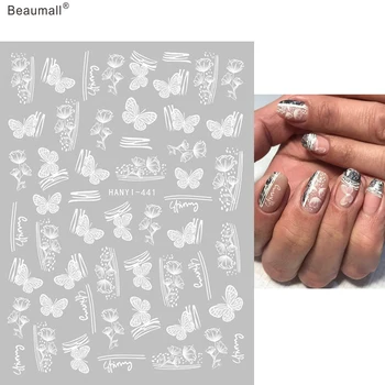 Элегантный белый Цветочный дизайн ногтей с бабочками, маникюр, наклейка на клей, дизайн украшений, наклейка на кончики ногтей, красота