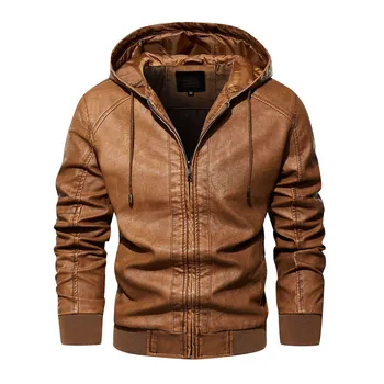 Мужская винтажная кожаная куртка, осеннее популярное повседневное однотонное пальто с капюшоном, мужская одежда, куртки из искусственной кожи с карманами для мотобайкеров куртка