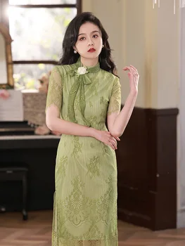 2023 Летнее Зеленое Кружевное Платье Young Smal Little Girll в Китайском Традиционном Улучшенном Стиле Чонсам, Современное Милое Элегантное Платье Ципао для Женщин