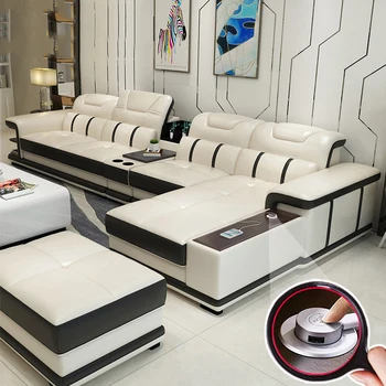 дешевая мебель для гостиной диваны секционные L-образный кожаный диван с функциональным столиком из настраиваемого материала