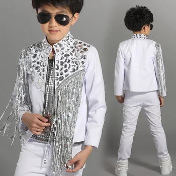 2022 Детский костюм в стиле хип-хоп, Белая куртка, Пальто с кисточками и серебряными блестками, Одежда для джазовых Танцев, Одежда для выступлений певцов на сцене Для мальчиков DN2967