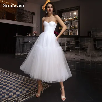 Smileven Короткое свадебное платье Трапециевидной формы с вырезом лодочкой, Свадебные платья 2021, Свадебные платья длиной до чайной ложки, Большие размеры