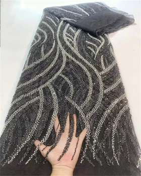 ​2023 Высококачественная кружевная ткань ручной работы, расшитая бисером, Франция, Вышивка пайетками, 3D-бисер, Нигерийская свадебная сетчатая кружевная ткань для шитья