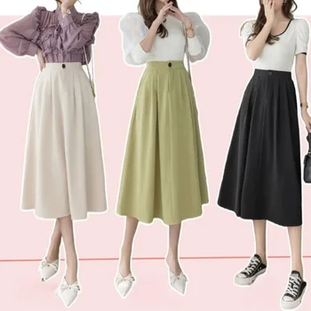 Новая юбка с высокой талией на лето 2023, Весенняя корейская универсальная юбка-трапеция с карманами средней длины