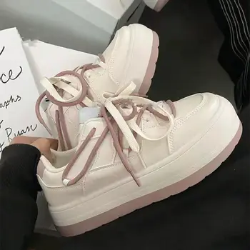 Розовая обувь на платформе, Женские кроссовки 2023, Весенние повседневные винтажные белые парусиновые теннисные туфли на плоской подошве