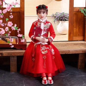 2023, Утолщенный костюм Чонсам Тан для девочек, осенне-зимняя китайская традиционная Новогодняя одежда, Древний костюм, Комплект из двух предметов