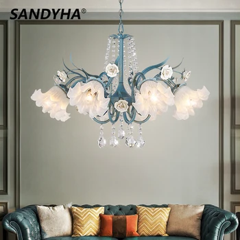 Люстры SANDYHA, французские пасторальные подвесные светильники, Креативные цветы, стеклянные хрустальные светодиодные лампы для гостиной, спальни, домашнего декора