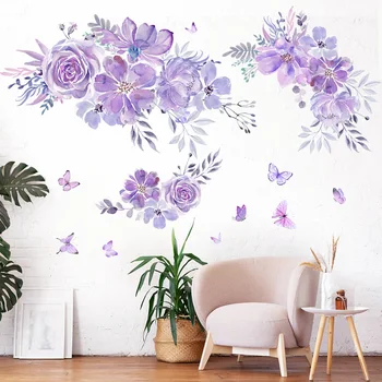 Очень большие фиолетовые цветы, наклейка на стену для гостиной, Декор спальни, настенная роспись, Бабочки, Украшение дома, самоклеящиеся обои