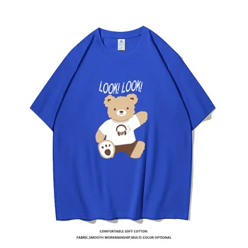 Модная футболка с короткими рукавами в стиле ретро с рисунком медведя из мультфильма для мальчиков, хлопковая блузка на лето 2023, черная