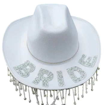 Белые ковбойские шляпы для девочек, Ковбойская шляпа невесты со стразами, кисточками и регулируемыми завязками, ковбойские шляпы взрослого размера для вечеринки, прямая поставка