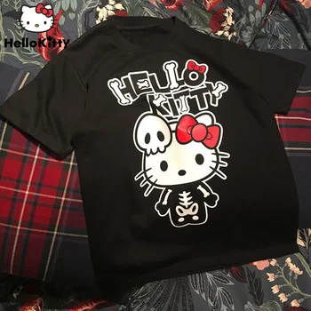 Sanrio Hello Kitty Tie, Черная футболка на Хэллоуин, Хлопковая Y2k, Готические Свободные Топы для пары в стиле Харадзюку, Темная Уличная Одежда Для женщин