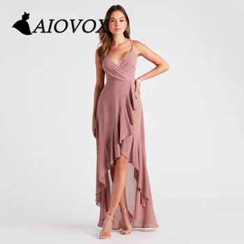 Платье для выпускного вечера AIOVOX Трапециевидной формы с V-образным вырезом, Шифоновое Драпированное Вечернее Платье с Высоким низким Подолом, Плиссированные Бретельки-Спагетти, Vestidos De Noche для Женщин