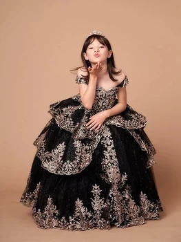 Черное милое тюлевое бальное платье Принцессы с цветочным узором, платье для девочек, костюмы для Первого причастия, выпускного вечера, Платья с цветочным узором