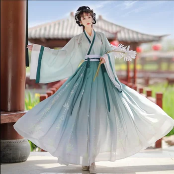 Hanfu Женское платье для сценических танцев с китайской традиционной вышивкой, Женский костюм Феи для Косплея, Hanfu Градиентный Синий и зеленый Для женщин