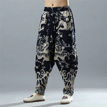 Мужские брюки в китайском этническом стиле, повседневные Свободные брюки с рисунком дракона в промежности, шаровары