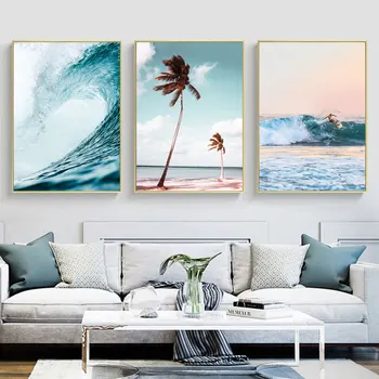 Плакаты для морского серфинга в скандинавском стиле и принты на холсте с морскими пейзажами, Пляжные настенные рисунки с пальмами для декора гостиной