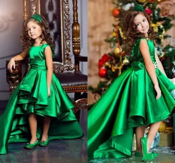 Зеленое атласное детское платье для девочек с высоким и низким вырезом, детское пышное платье без рукавов для выпускного вечера, дня рождения, свадебной вечеринки
