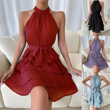 Лето 2023, новое тонкое модное женское платье в стиле бохо со шнуровкой на талии, платье без рукавов с рюшами, Vestidos De Mujer