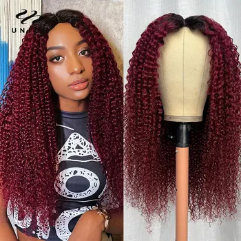 Бордовый кудрявый парик из V-образной части человеческих волос с черными корнями, V-образный бесклеевой парик без пропусков, тонкий парик из I-образной части для женщин