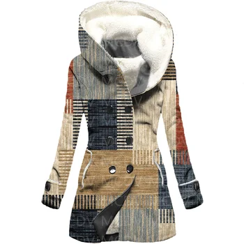 Флисовый плащ с капюшоном в стиле Ретро с 3D принтом Тотема, Женское толстое теплое пальто, Женское зимнее теплое пальто 01
