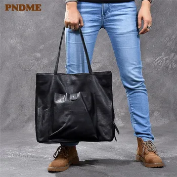 PNDME натуральная кожа большая вместительная черная сумка-тоут роскошная мужская сумка повседневная женская рабочая дорожная сумка из натуральной воловьей кожи