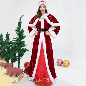 Рождественский костюм Санта-Клауса Для взрослых, женское Рождественское платье с длинным рукавом