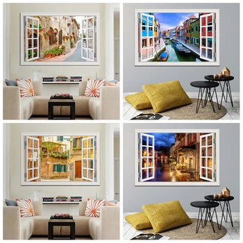 3D Наклейка на стену с видом из окна, Плакат с изображением улицы Европейского города, Пейзаж, Виниловая наклейка, обои для домашнего декора Гостиной