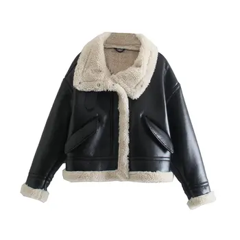 Кожаные куртки для женщин 2022, Женская Мотоциклетная куртка с интегрированным мехом и флисом из овечьей шерсти, Короткая куртка из искусственной кожи