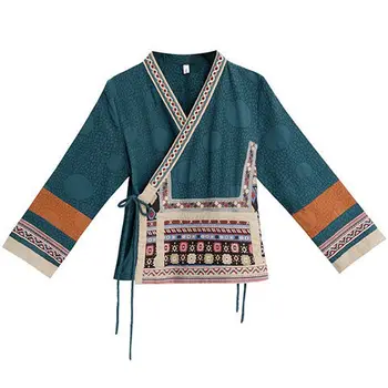2023 китайская осенняя новая женская чайная куртка с вышивкой дзен, национальный стиль, хлопок, конопля, улучшенная короткая блузка hanfu с длинным рукавом в стиле ретро