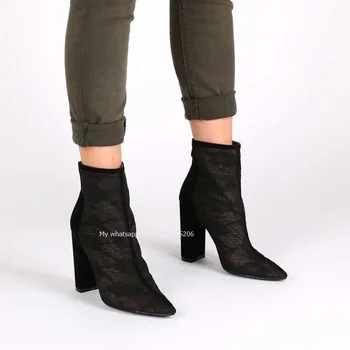 Новые модные женские ботильоны из замши + сетки, большие размеры 34-45, однотонные ботинки на высоком каблуке с острым носком, бежевый, черный, с открытой спиной