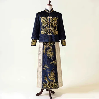 Мужское Синее Банкетное Китайское Традиционное Свадебное Платье с воротником-стойкой и Высококачественной Вышивкой Для Жениха Cheongsam китайская одежда