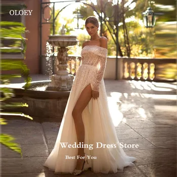 Роскошные блестящие свадебные платья OLOEY со съемными длинными рукавами и разрезом в виде сердечка сбоку Современные свадебные платья Vestido de novia 2023