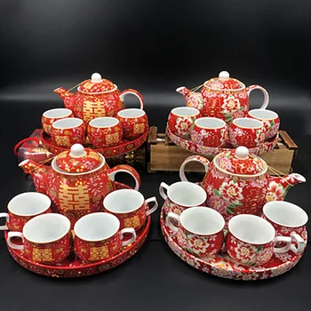Китайский Традиционный Свадебный Керамический Чайный Сервиз Ретро Красный Чайник с Двойным Счастьем, Чайная Чашка, Подарок Для Новобрачных, Приданое, Свадебные принадлежности