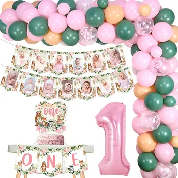 Розовые лесные животные, украшения на 1-й день рождения, Лесные принадлежности для вечеринки по случаю дня рождения, гирлянда из воздушных шаров, баннер с изображением цветка, стульчик для кормления