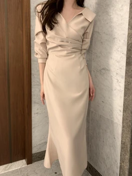 Новое модное женское платье в складку с однотонными лацканами и обычными рукавами Vestido, Повседневное вечернее платье для женщин, осень 2023