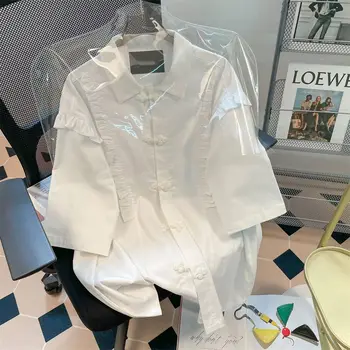 QWEEK Белые Летние Блузки Женские 2023, Топ с коротким рукавом, Женская Шикарная Корейская модная Рубашка Оверсайз Kawaii Harajuku, Опрятная Одежда