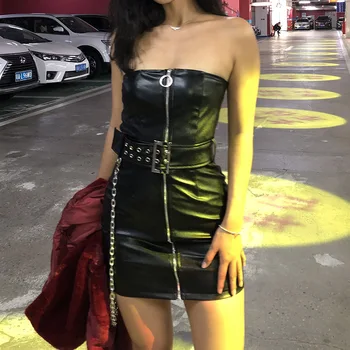 Сексуальное готическое Женское Черное Кожаное мини-платье на молнии Без Бретелек, Облегающее Женское Клубное Платье для Вечеринок, пояс-цепочка, Винтажный готический