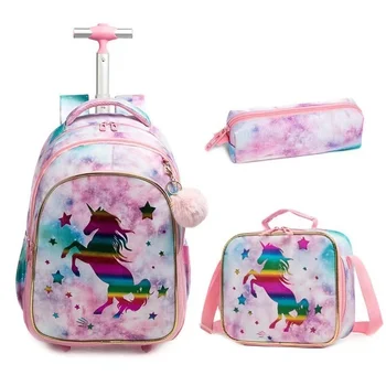 3 В 1, Школьный рюкзак с колесиками, Детская школьная сумка на колесиках, Холщовый рюкзак для девочек-подростков, дорожные сумки-тележки для девочек
