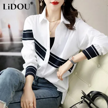 Топы, Женская Новая Весенне-летняя рубашка с длинным рукавом-поло, однобортный принт в полоску, Свободная, Популярная Повседневная Мода в корейском стиле