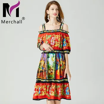 Осенне-летнее Праздничное платье в стиле Бохо, Женское платье с открытыми плечами, на бретельках, с пышными рукавами, с эластичной талией, с цветочным принтом, вечернее платье M7352-1